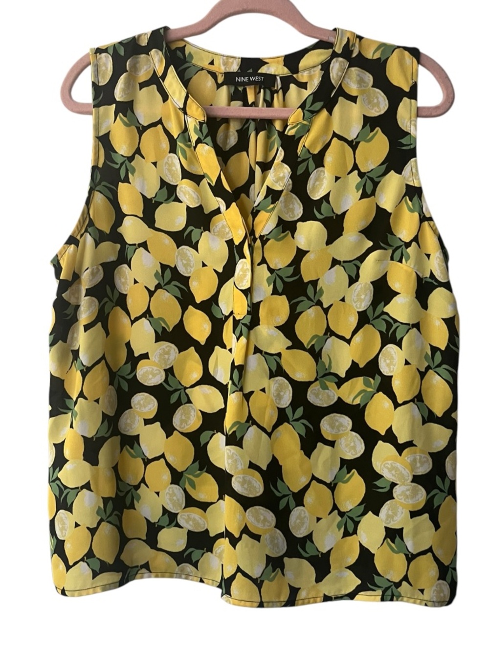 Nine West Black & Yellow Lemons Popover Sleeveless V-Neck Blouse SZ L